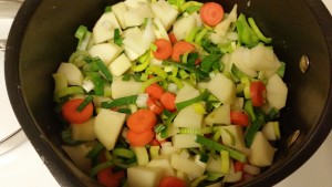 Turkey potato leek soup - ingredients in pot