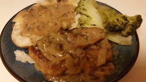 baked pork chops - with baked potato and broccoli