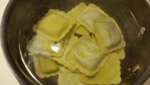 chicken with parsely pecan pesto - ravioli cooking