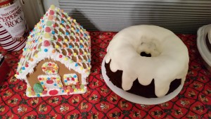 chocolate eggnog cake and gingerbread house