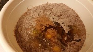 chocolate eggnog cake - ingredients mixing