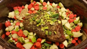 pot roast with apples and leeks - before baking