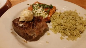 chilis - salmon and steak combo with rice