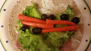 ham and cheese wrap - carrots and olives