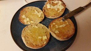 Ham, Egg and Cheese Breakfast Sandwich - buttered muffins