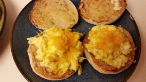 Ham, Egg and Cheese Breakfast Sandwich - muffin with cheesy eggs