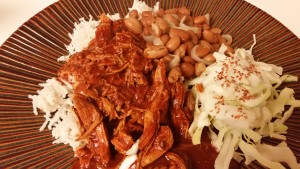 chicken mole with pot beans and cabbage salad