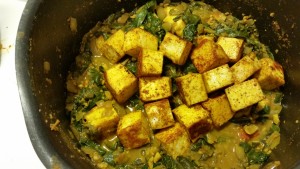 palak paneer - paneer added to spinach